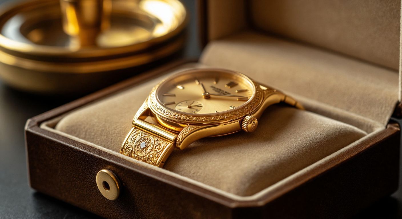 A polished 18-karat gold wristwatch resting on a velvet-lined jewelry box, its warm yellow sheen reflecting soft light, with delicate engravings hinting at craftsmanship, while a jeweler in a traditional Turkish bazaar inspects it with a loupe.