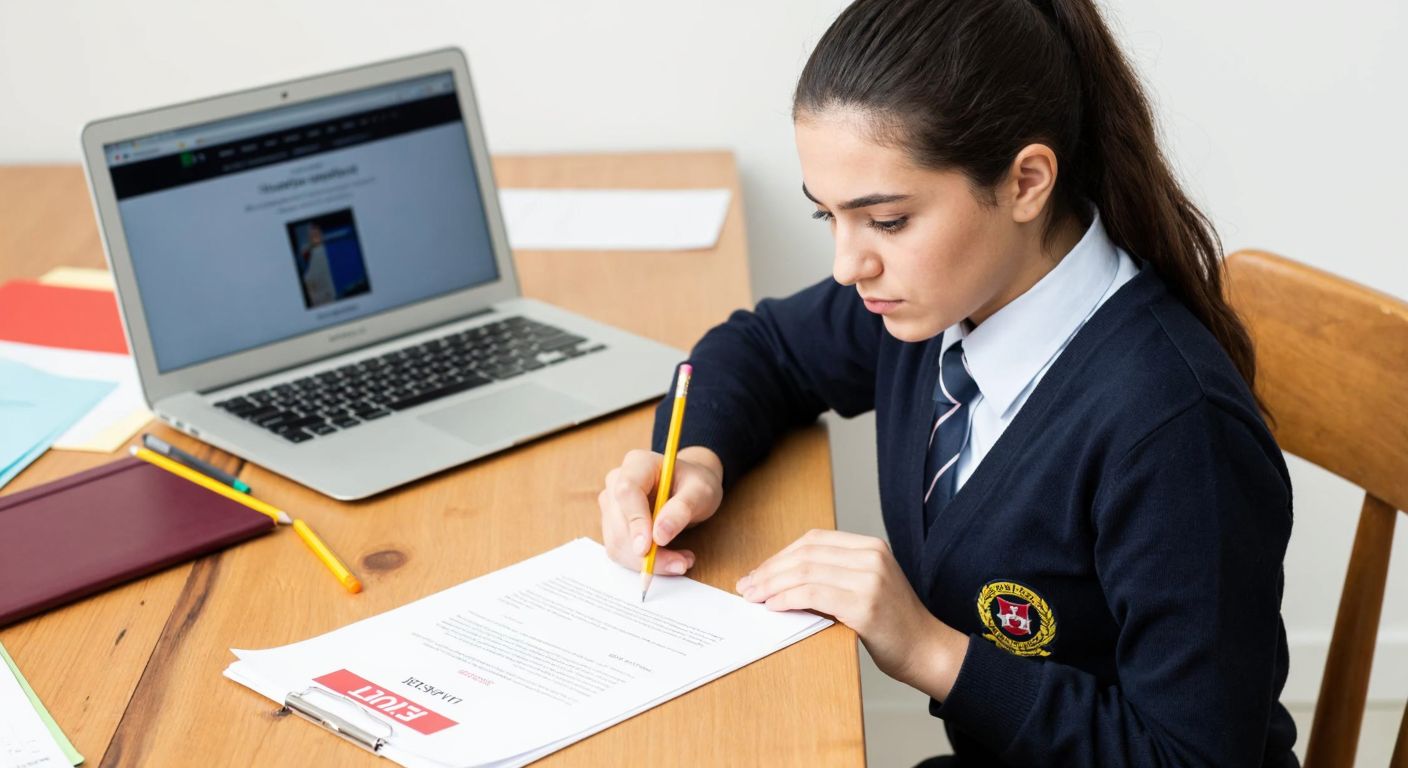 A focused Turkish student in a school uniform sits at a wooden desk, holding a printed PDF exam paper with a pencil in hand, surrounded by scattered study materials and a laptop displaying a website homepage.