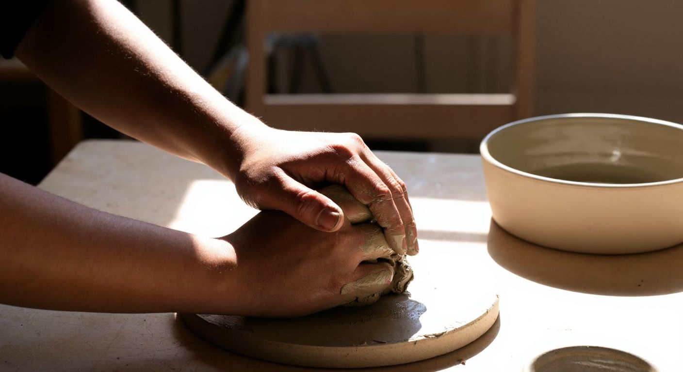 A pair of skilled hands kneading smooth, wet clay on a wooden table in a sunlit pottery workshop, with a small bowl of water nearby.