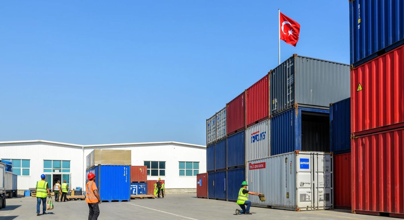 A modern industrial warehouse in Istanbul with stacked shipping containers, a Turkish flag flying nearby, and workers in safety vests moving goods under a clear blue sky.