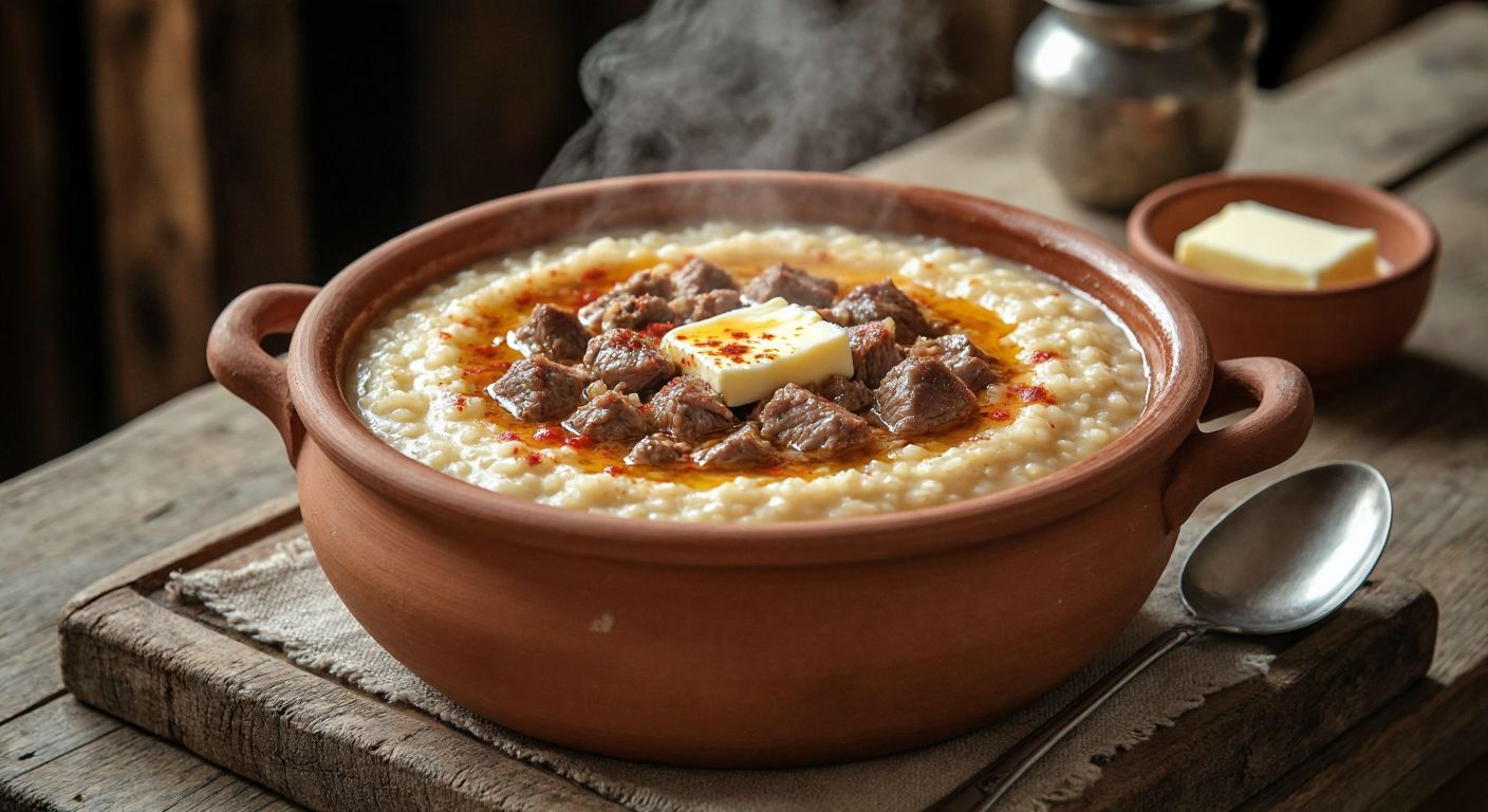 A steaming clay pot of hearty *keşkek* (herise) with tender wheat and meat, garnished with melted butter and paprika, set on a rustic wooden table in a traditional Turkish village home.