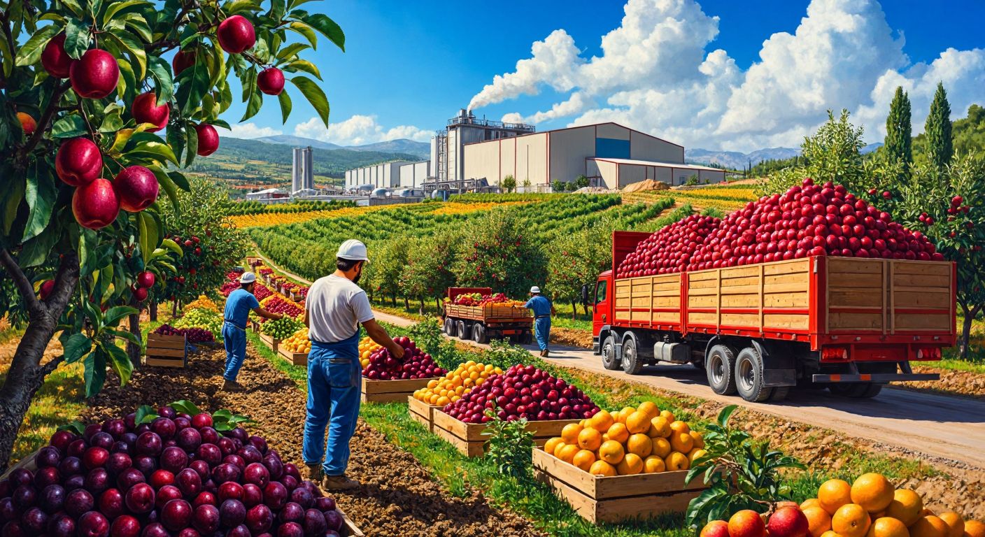 A vibrant Turkish orchard with farmers harvesting ripe fruits, a modern DİMES factory in the background, and colorful juice bottles being loaded onto trucks for export.