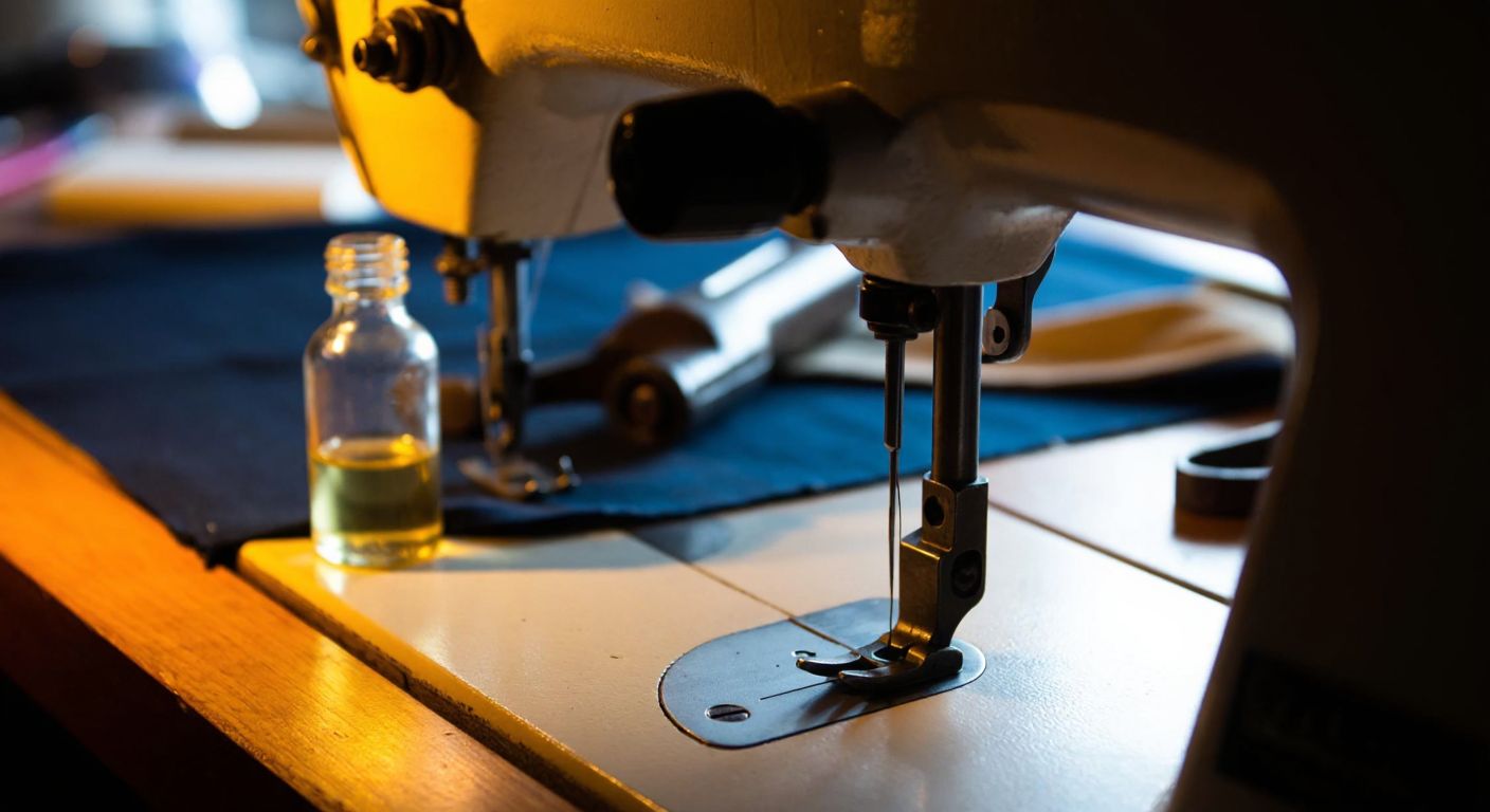 A close-up of a well-worn sewing machine with a small bottle of oil beside it, its metal parts gleaming under warm light in a cozy Turkish tailor's workshop.