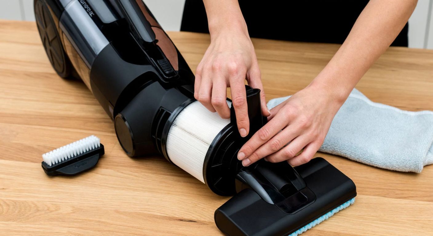 A close-up of a person’s hands carefully disassembling and cleaning the dusty, cylindrical filter of a Tefal vacuum cleaner on a wooden table, with a soft cloth and small brush nearby.