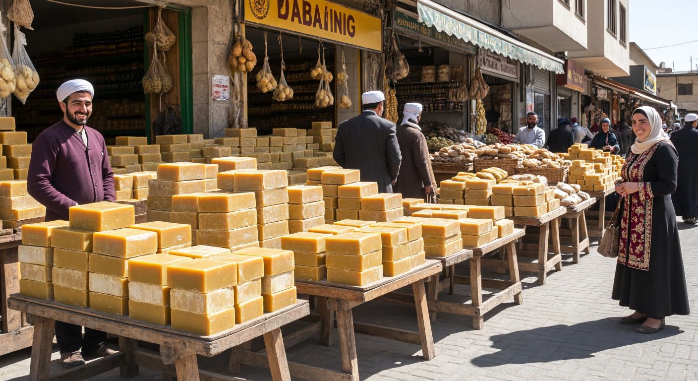 A sunlit marketplace in Siirt with stacks of golden-brown bıttım soap bars arranged neatly on wooden stalls, surrounded by smiling vendors in traditional Turkish attire.