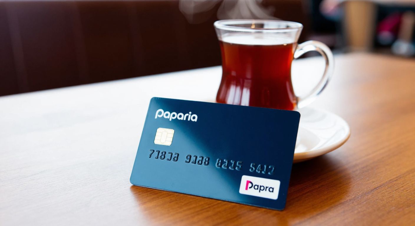 A close-up of a sleek, dark-blue Papara card resting on a wooden table in a cozy Turkish café, with a steaming cup of Turkish tea beside it, evoking a sense of everyday financial ease.