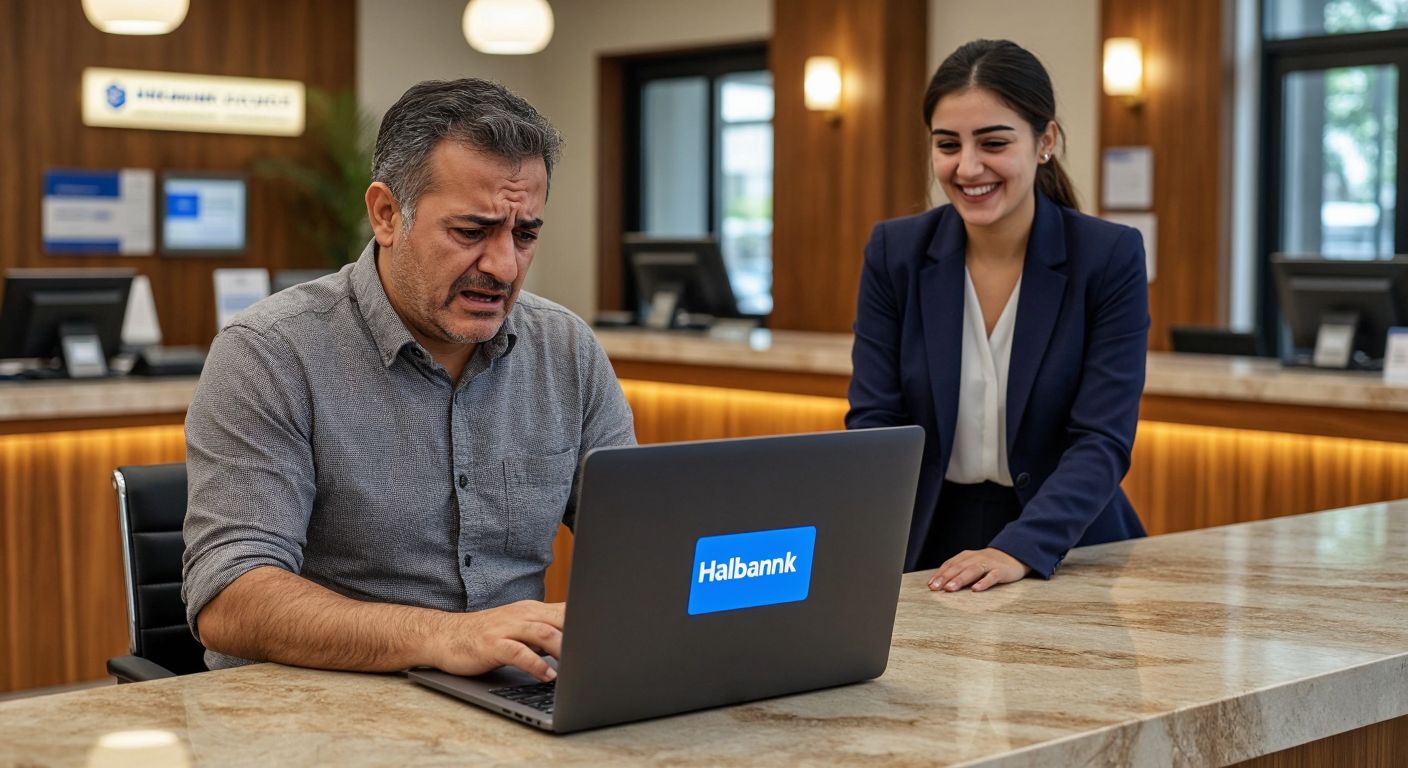 A frustrated middle-aged Turkish man in a casual shirt sits at a wooden desk with a laptop displaying a Halkbank login error, while a neatly dressed bank employee in a navy-blue blazer smiles reassuringly from behind a marble counter in a well-lit branch.