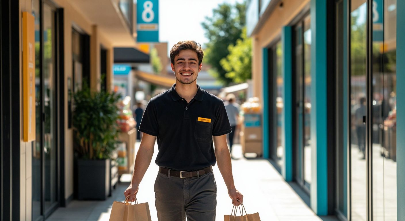 A young employee in an A101 supermarket uniform smiles while stepping out of the store on a sunny day, holding a shopping bag, with a relaxed expression on their face.