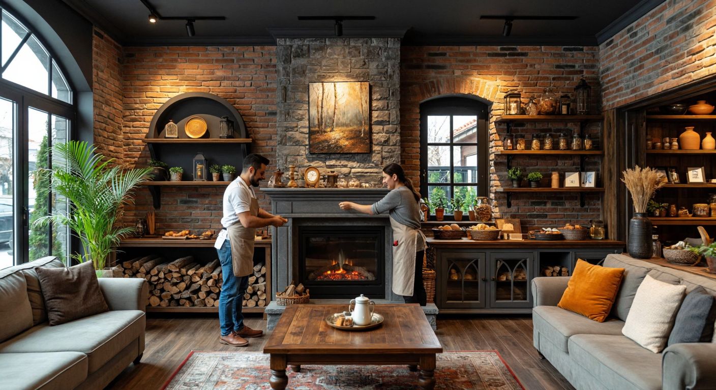 A cozy fireplace shop in Büyükçekmece with warm brick walls, displayed stone mantels, and a friendly shopkeeper in a casual apron helping a customer.
