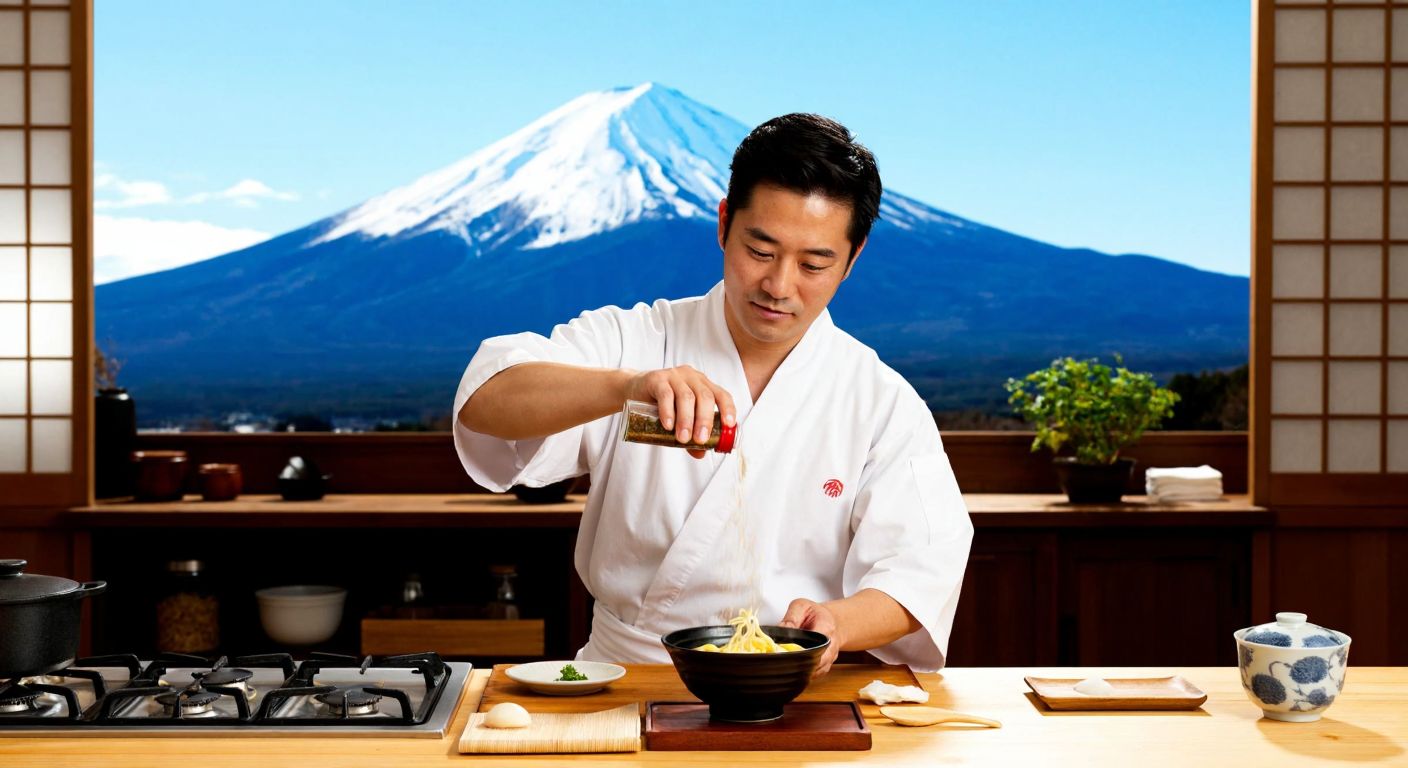 A Japanese chef in a traditional kitchen sprinkling Ajinomoto seasoning over a steaming bowl of ramen, with a backdrop of Mount Fuji.