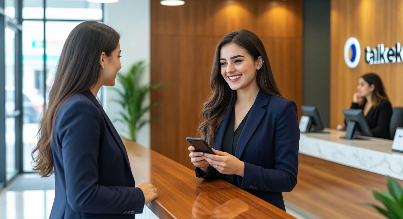 A modern Turkish bank branch with a smiling customer service representative in a navy-blue blazer holding a phone, while a customer in casual attire listens attentively across a polished wooden counter.