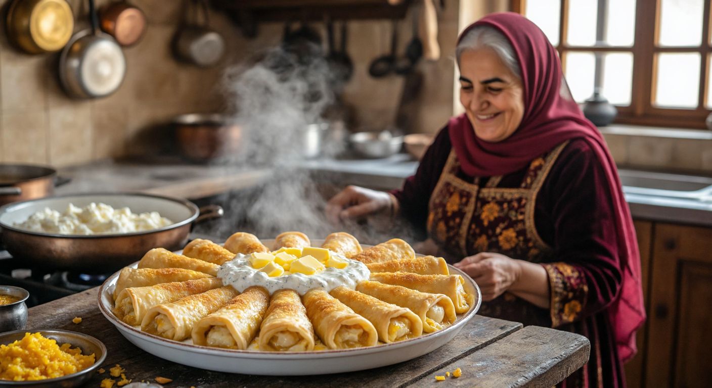 A steaming plate of golden, rolled-out dough topped with melted butter and yogurt, set on a rustic wooden table in a cozy Gümüşhane kitchen, with a smiling elderly woman in traditional Turkish attire preparing another portion nearby.