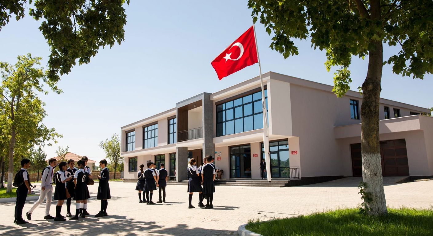 A modern school building with a Turkish flag waving in front, surrounded by students in uniforms chatting under the shade of trees in Malatya's sunny landscape.