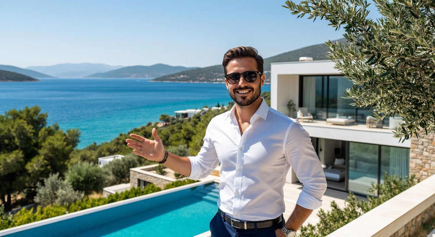 A sunny coastal scene in Bodrum with a sleek modern villa overlooking the turquoise sea, flanked by olive trees, while a well-dressed real estate agent in a crisp white shirt and sunglasses gestures toward the property with a confident smile.