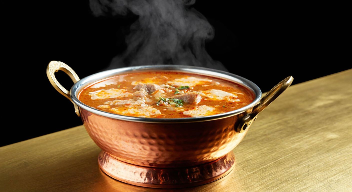 A steaming bowl of Gaziantep-style beyran soup, rich with melted lamb fat and bone marrow, served in a traditional copper dish with a golden sheen on the surface.