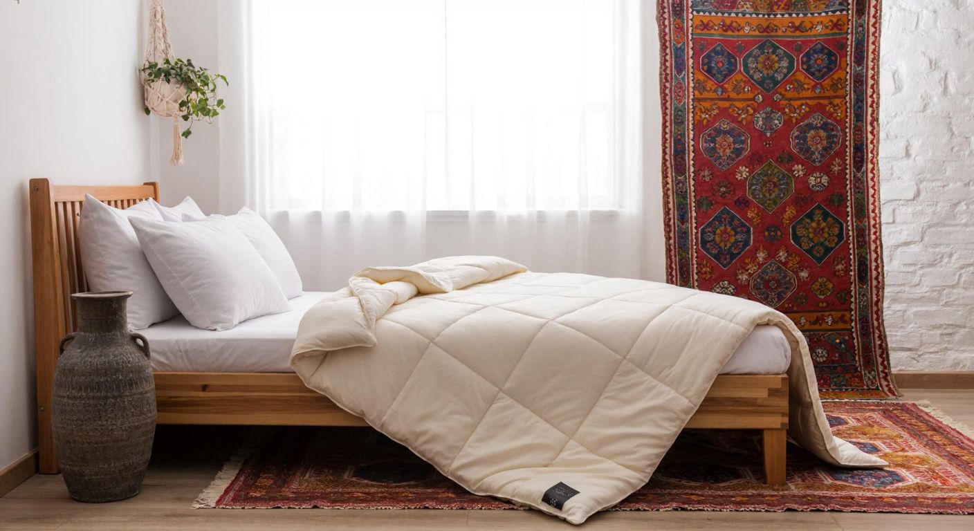 A cozy, neatly made bed in a Turkish home with a thick, fluffy **Özyurtlar** wool duvet draped over it, surrounded by traditional woven textiles in warm earthy tones.