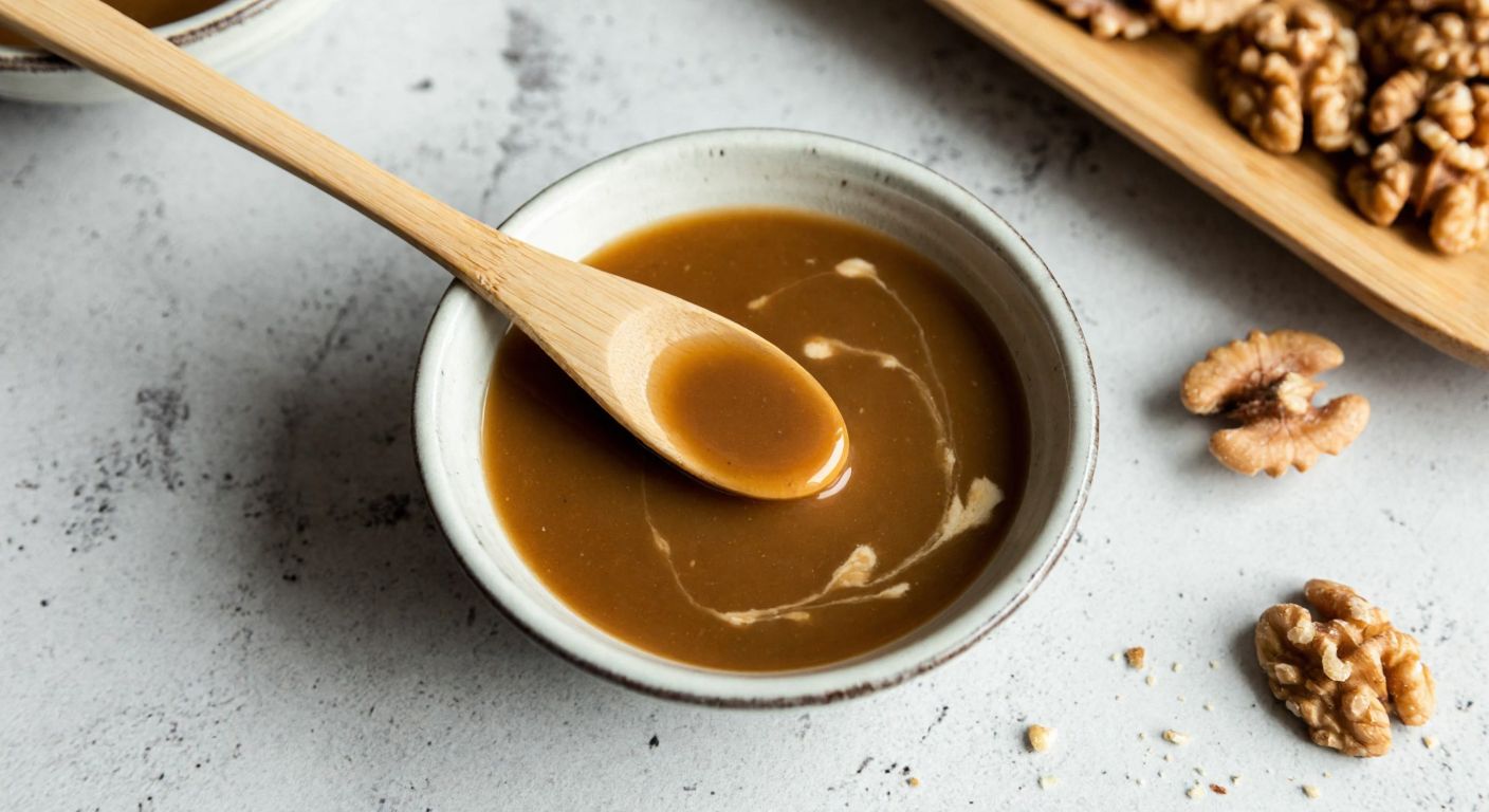A wooden spoon swirls golden tahini and dark molasses together in a small ceramic bowl, with a scattering of crushed walnuts beside it on a rustic Turkish breakfast table.