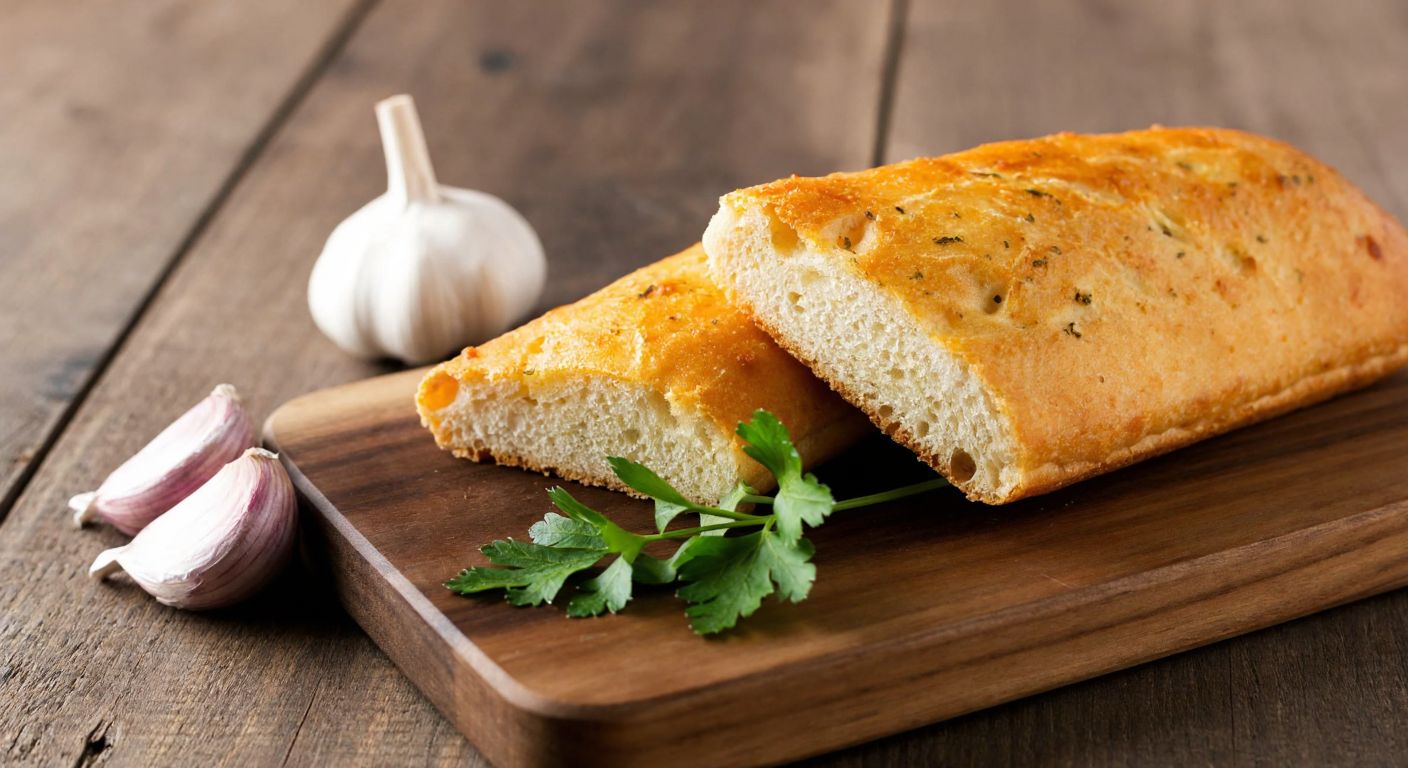 A golden-brown slice of garlic bread resting on a rustic wooden table, with fresh garlic cloves and a sprig of parsley beside it, evoking warmth and simplicity.
