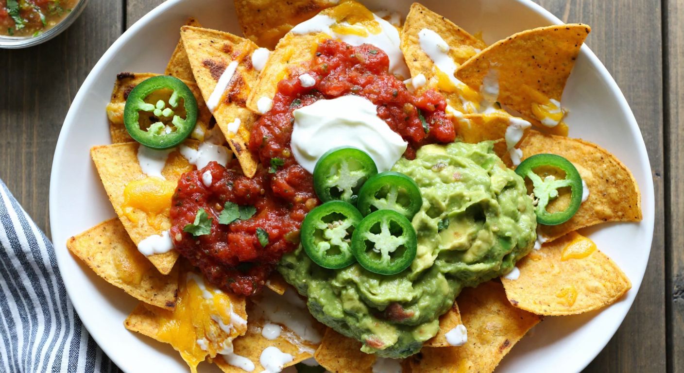 A colorful plate of crispy nachos topped with vibrant red salsa, creamy guacamole, sliced jalapeños, and a dollop of sour cream, arranged on a rustic wooden table.