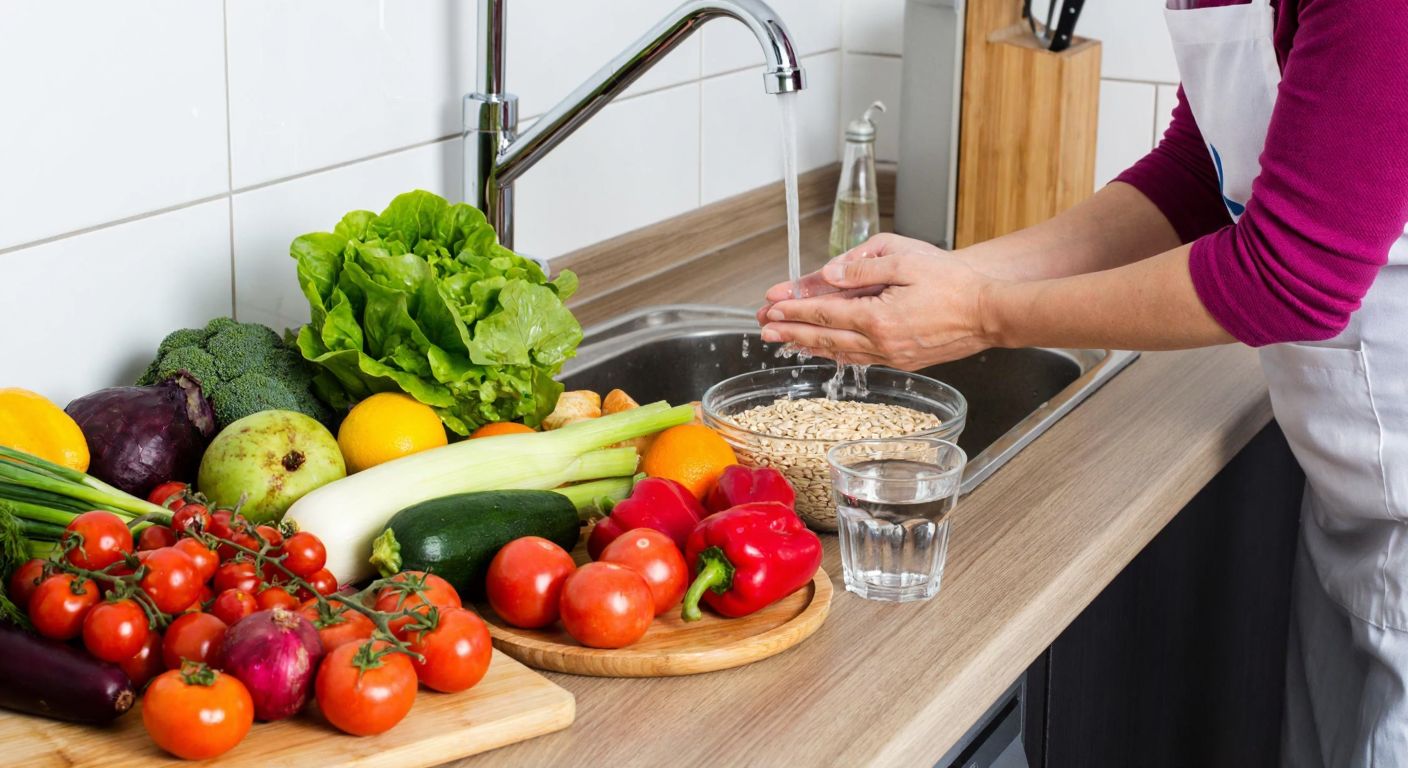 A Turkish kitchen with a neatly arranged table displaying a colorful variety of fresh fruits, vegetables, whole grains, and a glass of water, while a person in a clean apron washes hands under a running faucet.