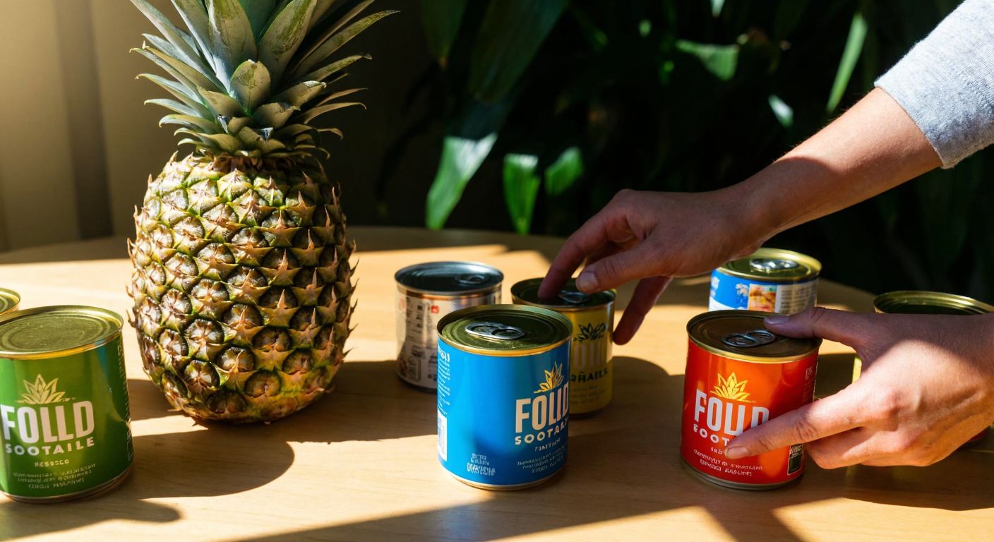 A vibrant tropical pineapple surrounded by various unopened canned goods on a sunlit wooden table, with a person’s hands carefully inspecting one can for quality.