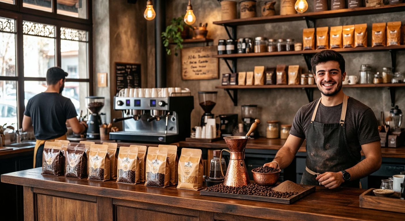 A warm, bustling Turkish café with a wooden counter displaying Tchibo coffee bags—whole beans and ground varieties—next to a traditional copper cezve and a modern espresso machine, as a barista in an apron smiles while grinding fresh Arabica beans.
