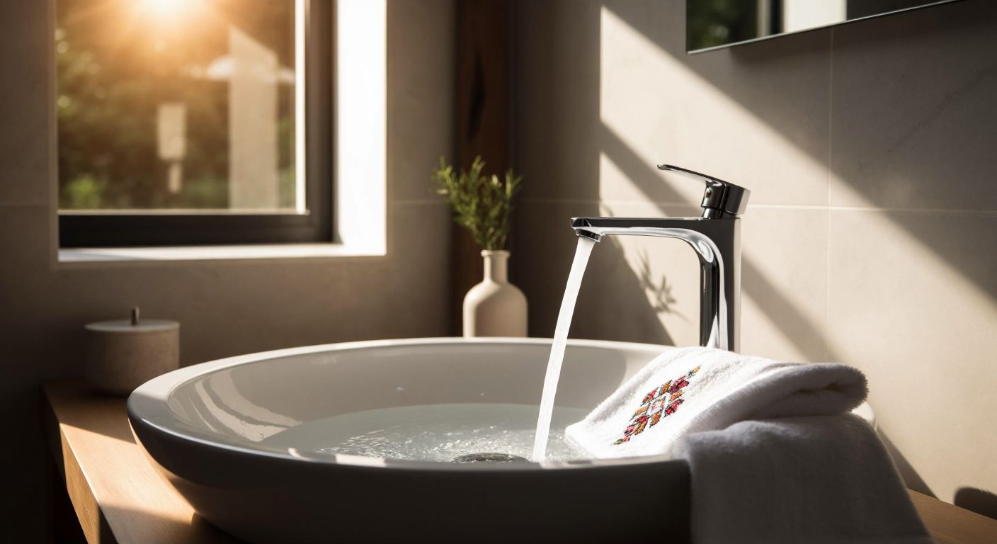 A modern Turkish bathroom with a sleek, water-saving faucet gently streaming into a ceramic sink, while sunlight filters through a small window onto a folded hand towel embroidered with traditional motifs.