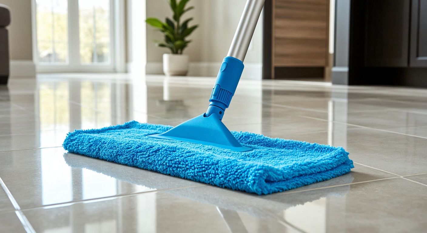 A bright blue triangular microfiber cloth attached to a steam mop glides smoothly over a clean tiled floor, lifting dust and leaving a shiny, spotless surface.