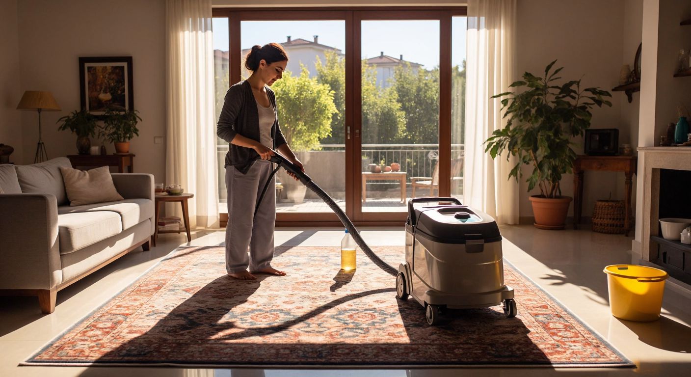 A Turkish woman in a bright, sunlit living room carefully operates a carpet cleaning machine over a patterned rug, with a bottle of detergent and a bucket of water nearby.