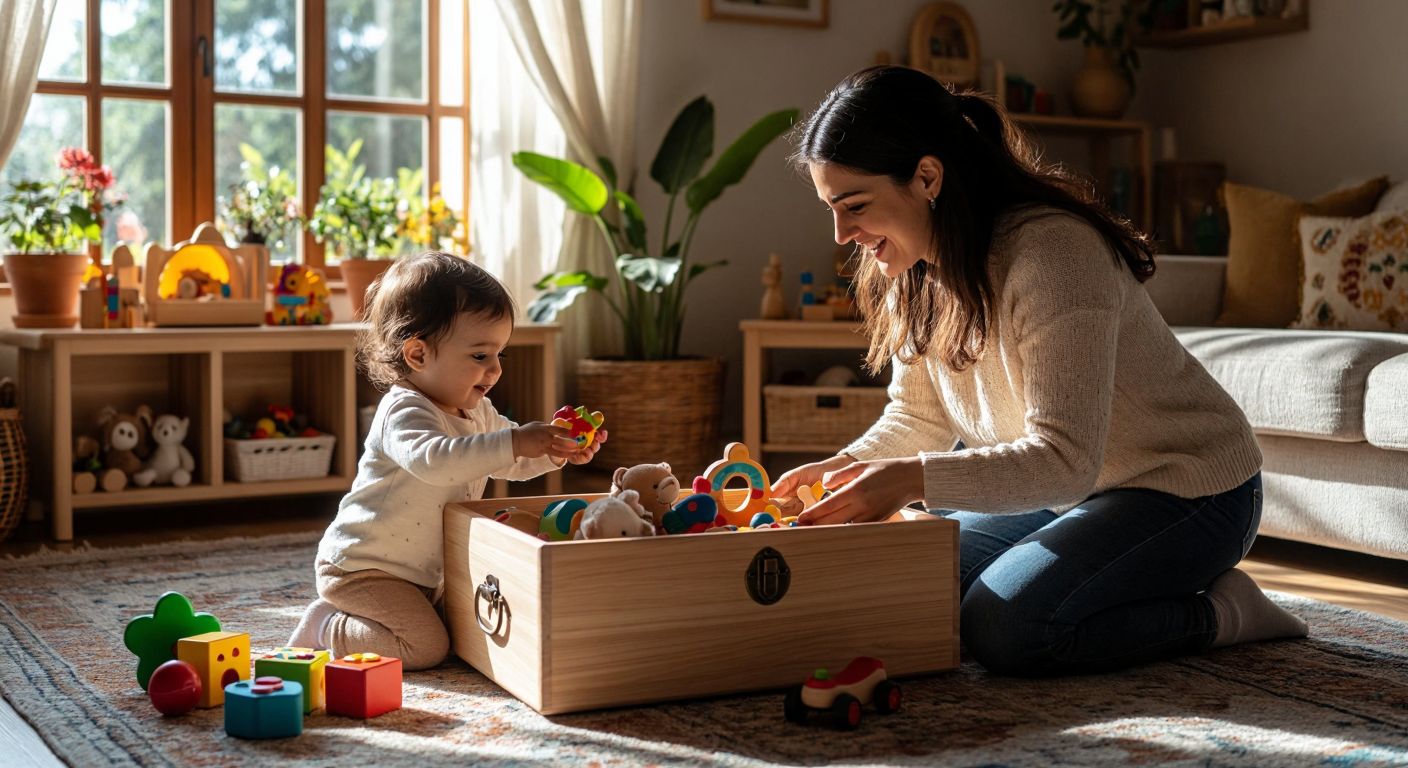 A warm, sunlit Turkish living room with a wooden toy chest open, revealing colorful age-appropriate toys like plush animals, wooden blocks, and puzzles, while a smiling mother kneels beside it, gently guiding a curious toddler’s hand toward a soft rattle.