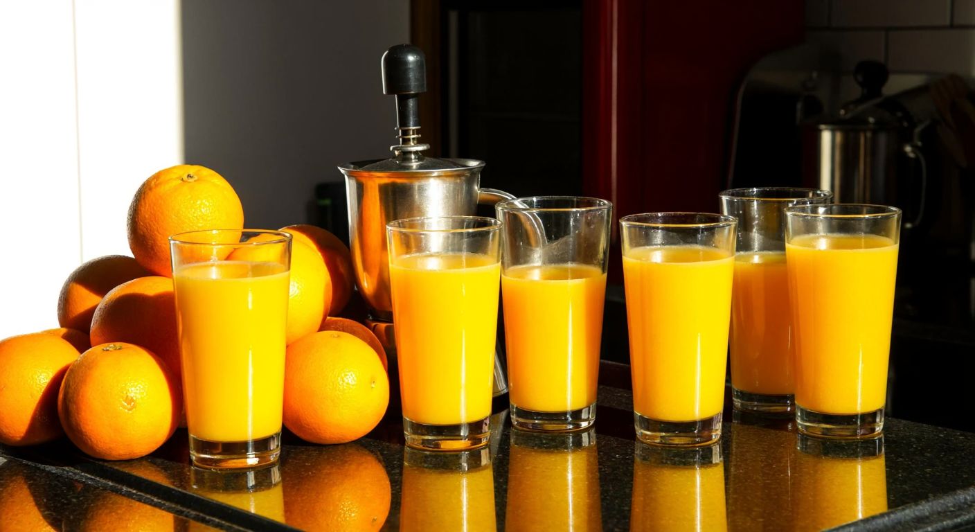 A vibrant Turkish kitchen counter with a pile of fresh oranges, a juicer, and six tall glasses filled with bright orange juice, reflecting warm sunlight.