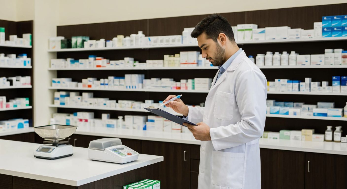 A Turkish pharmacist in a white coat carefully reviews a checklist while standing in a well-organized pharmacy with neatly arranged medicine shelves and a small weighing scale on the counter.