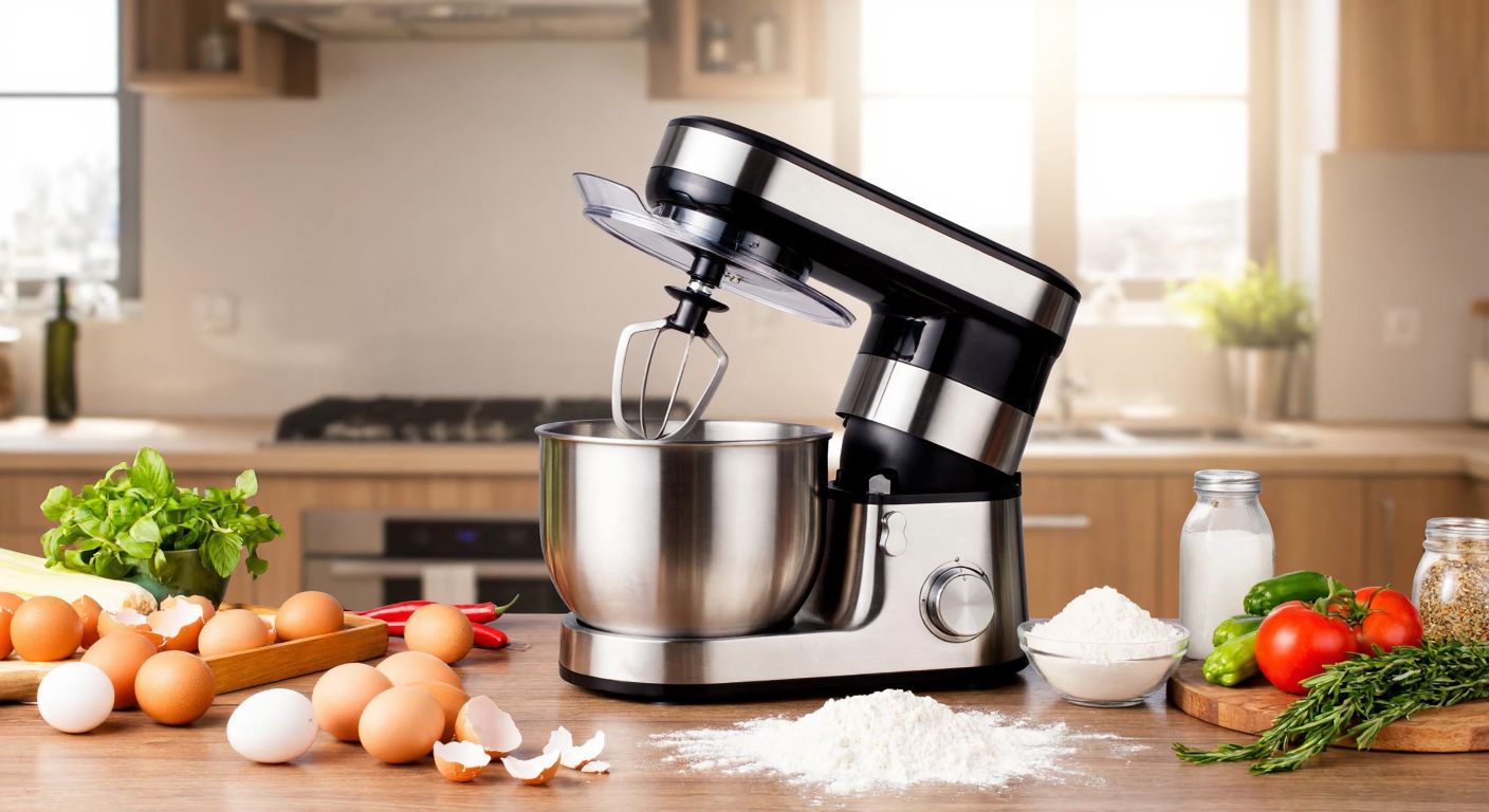 A modern stainless steel kitchen appliance with multiple attachments sits on a countertop in a sunlit Turkish kitchen, surrounded by fresh ingredients like eggs, flour, and vegetables, ready for mixing, kneading, or chopping.