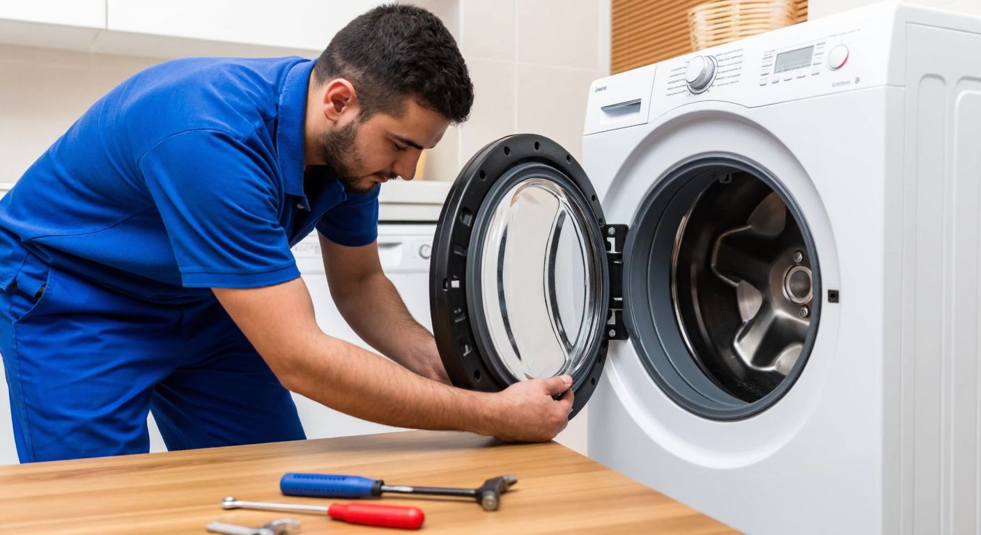 A focused Turkish repairman in a blue uniform carefully replacing the drum wheel of an Arçelik dryer in a well-lit home laundry room, with tools scattered on a wooden table nearby.