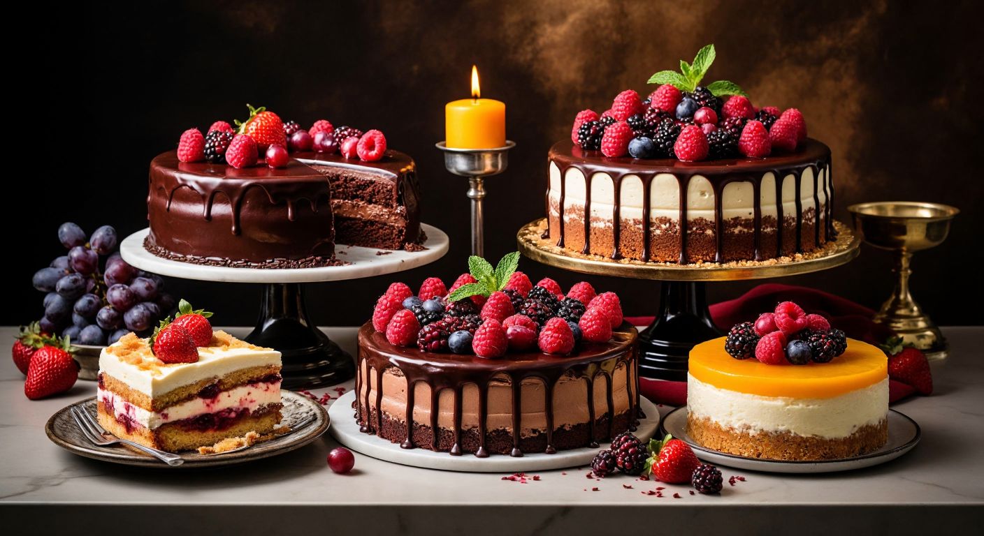 A vibrant Turkish kitchen counter displays a rich chocolate ganache cake, a caramel-drizzled pastry, a fruit-topped cream dessert, a layered tiramisu, and a creamy cheesecake, all made with liquid cream, evoking warmth and indulgence.