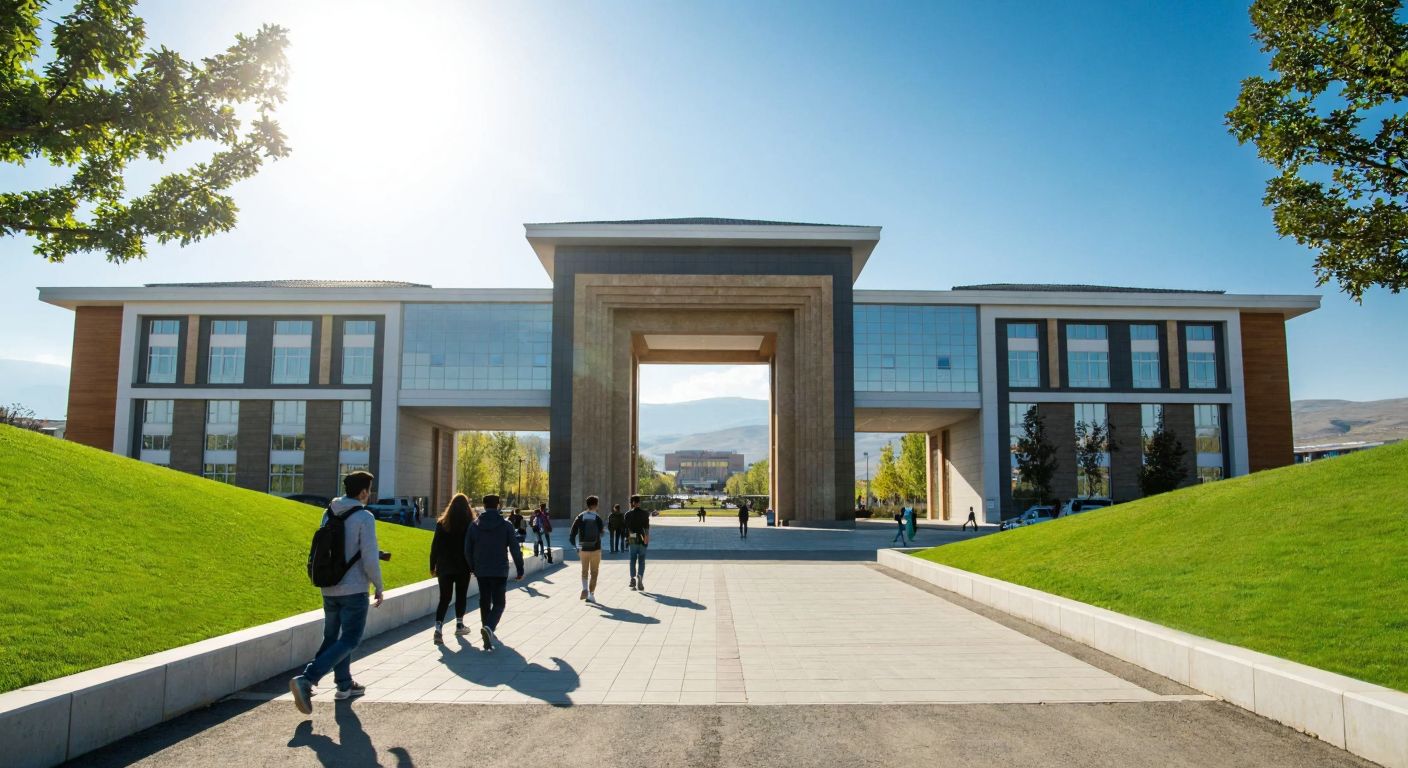 A modern university campus in Malatya with a grand entrance arch, surrounded by green hills and students walking under the warm sun.