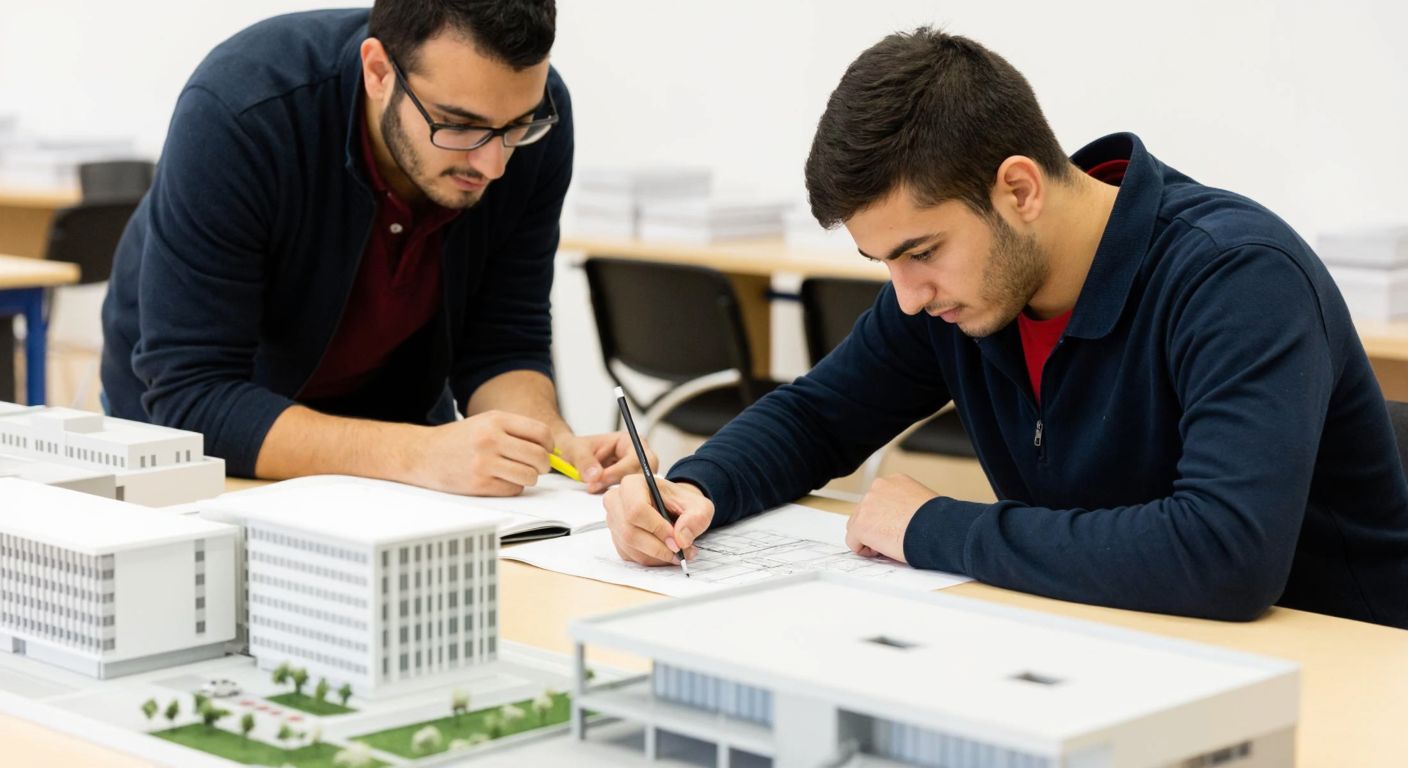 A young Turkish student in a university classroom, intently sketching architectural blueprints while surrounded by scale models of buildings and a professor guiding them.