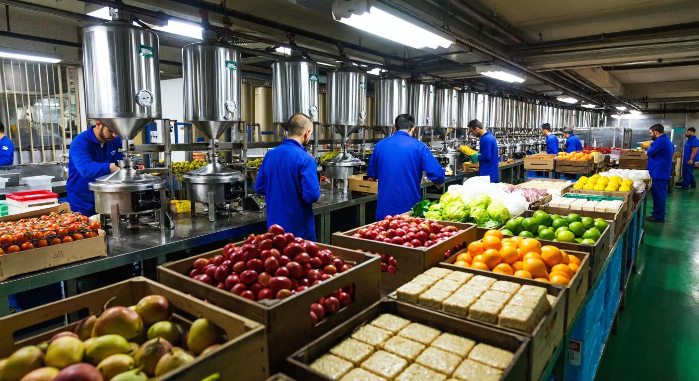 A bustling Turkish food factory with workers in blue uniforms assembling shiny stainless steel machines, surrounded by crates of fresh fruits and vegetables, jars of honey, and trays of halva under warm industrial lighting.