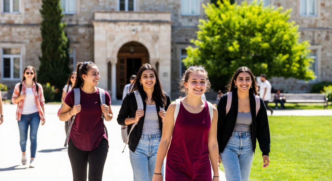 A group of young women in casual attire, smiling and carrying backpacks, walking across a sunlit university campus in Turkey with historic stone buildings and green trees in the background.