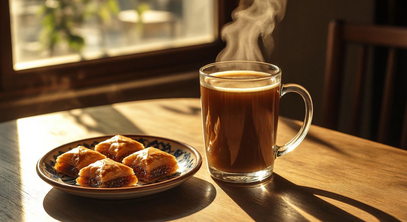 A steaming cup of filter coffee in a thick, translucent glass mug placed on a wooden table, with a warm golden light casting soft shadows and a traditional Turkish ceramic plate of baklava beside it.