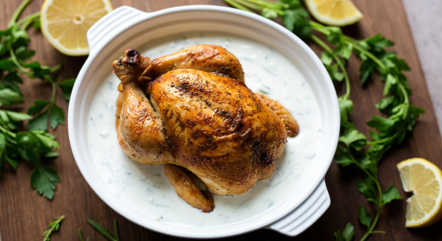 A golden-brown marinated chicken piece resting in a white ceramic bowl filled with a creamy yogurt and soda mixture, surrounded by fresh herbs and lemon slices on a rustic wooden table.