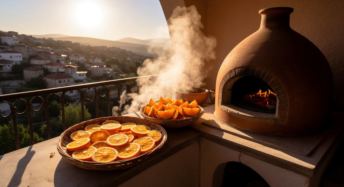 A sunlit Turkish balcony with sliced oranges drying on a woven tray next to a traditional clay oven, steam rising from warm slices inside.