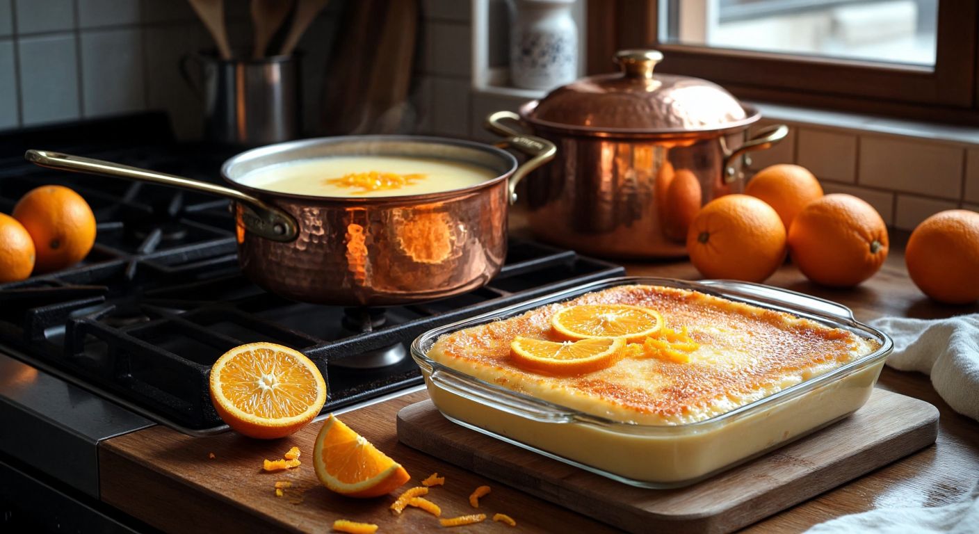 A warm Turkish kitchen with a copper pot simmering orange-scented milk pudding on a stove, fresh orange slices and zest scattered on a wooden counter, and a golden-brown tavuk göğsü dessert cooling in a glass dish.