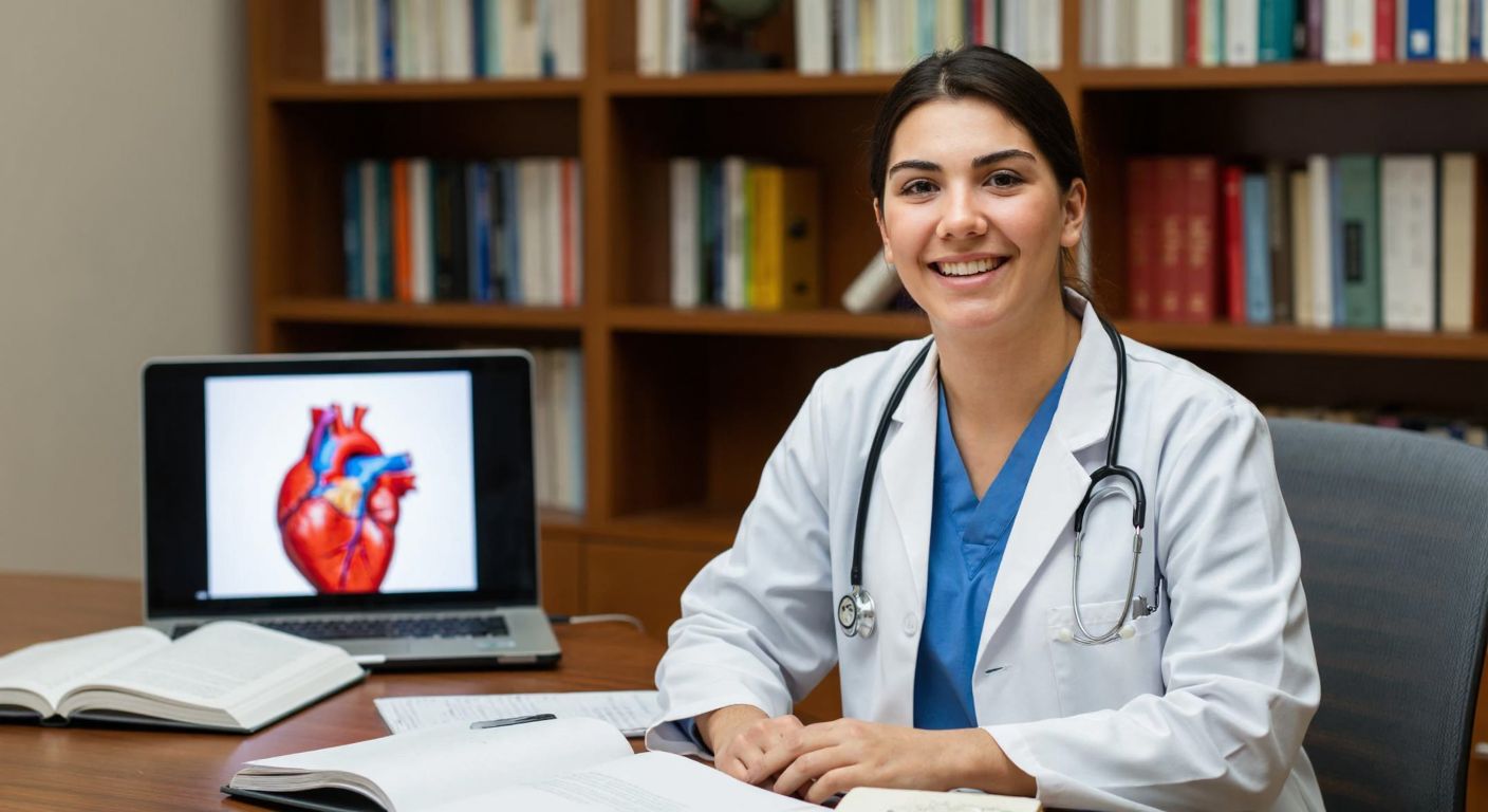 A young Turkish medical student in a white coat smiles confidently while studying a colorful anatomical model of the human heart, surrounded by open e-books and a laptop playing an engaging video lecture.