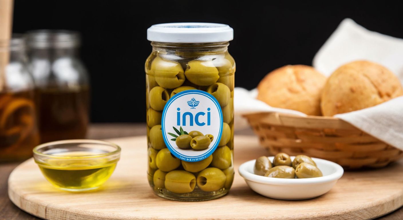 A glass jar of blue-capped olives with the **"İnci"** label prominently displayed, placed on a wooden table beside a rustic basket of fresh bread and a small bowl of olive oil, evoking a cozy Turkish breakfast setting.