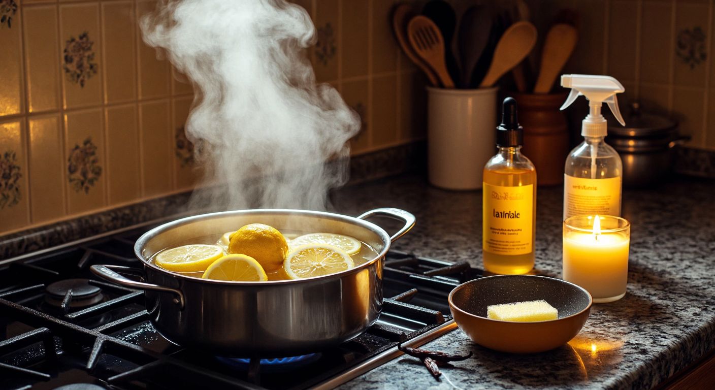 A Turkish kitchen with a steaming pot of sliced lemons boiling on a stove, a bowl of fabric softener mixed with water beside a sponge, a small pan with vanilla pods being toasted, a spray bottle of essential oils, and a scented candle flickering on the counter.