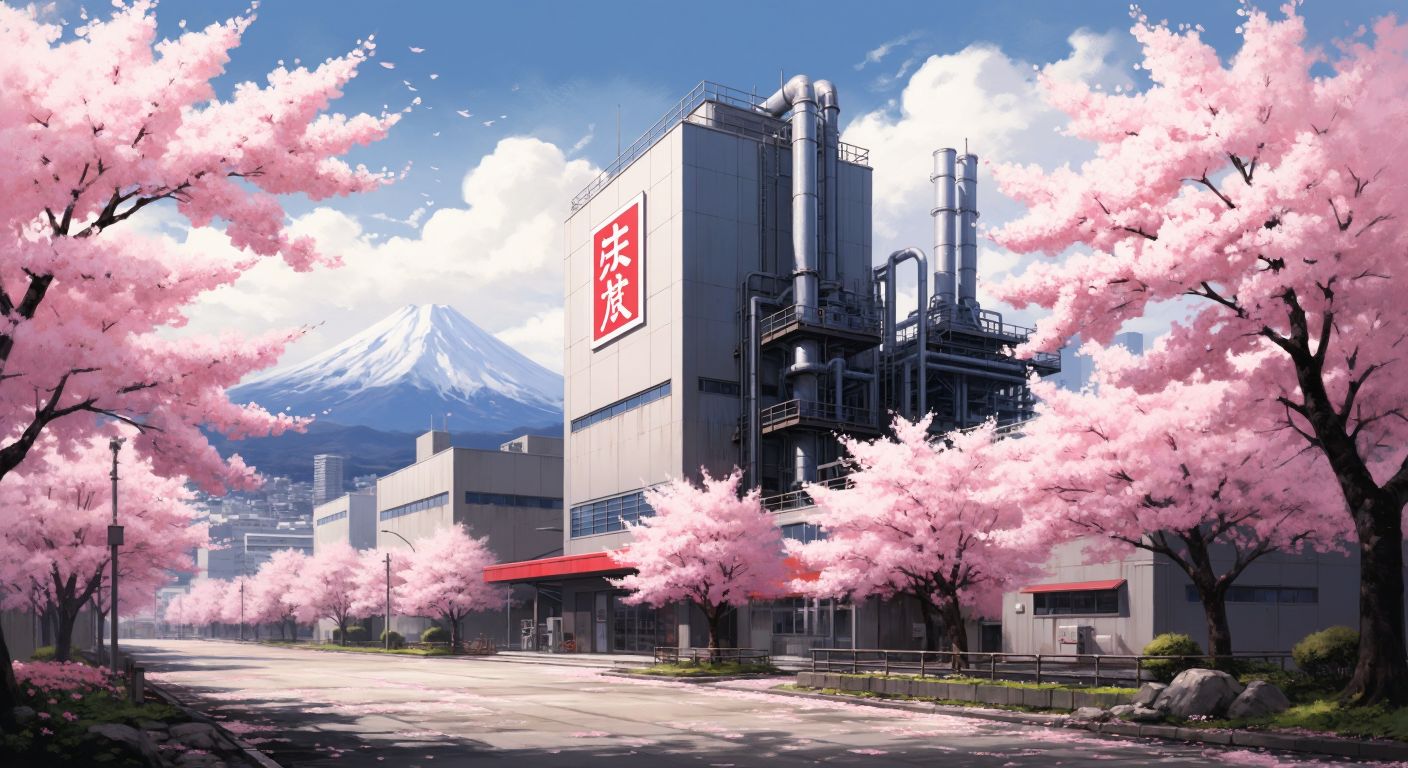 A sleek, modern Japanese factory with cherry blossoms in the foreground, symbolizing Hochiki's origin in Tokyo.