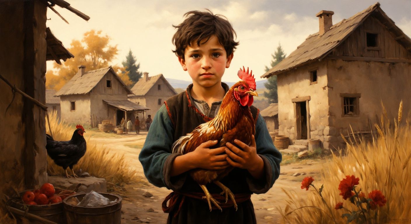 A young Turkish boy with hopeful eyes gently holds a colorful rooster in a rustic village setting, surrounded by simple wooden houses and golden wheat fields.