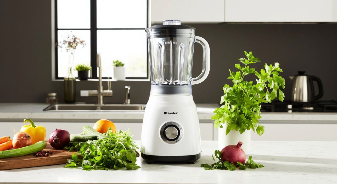A sleek white kitchen blender with a modern design sits on a marble countertop in a sunlit Turkish kitchen, surrounded by fresh herbs and vegetables.