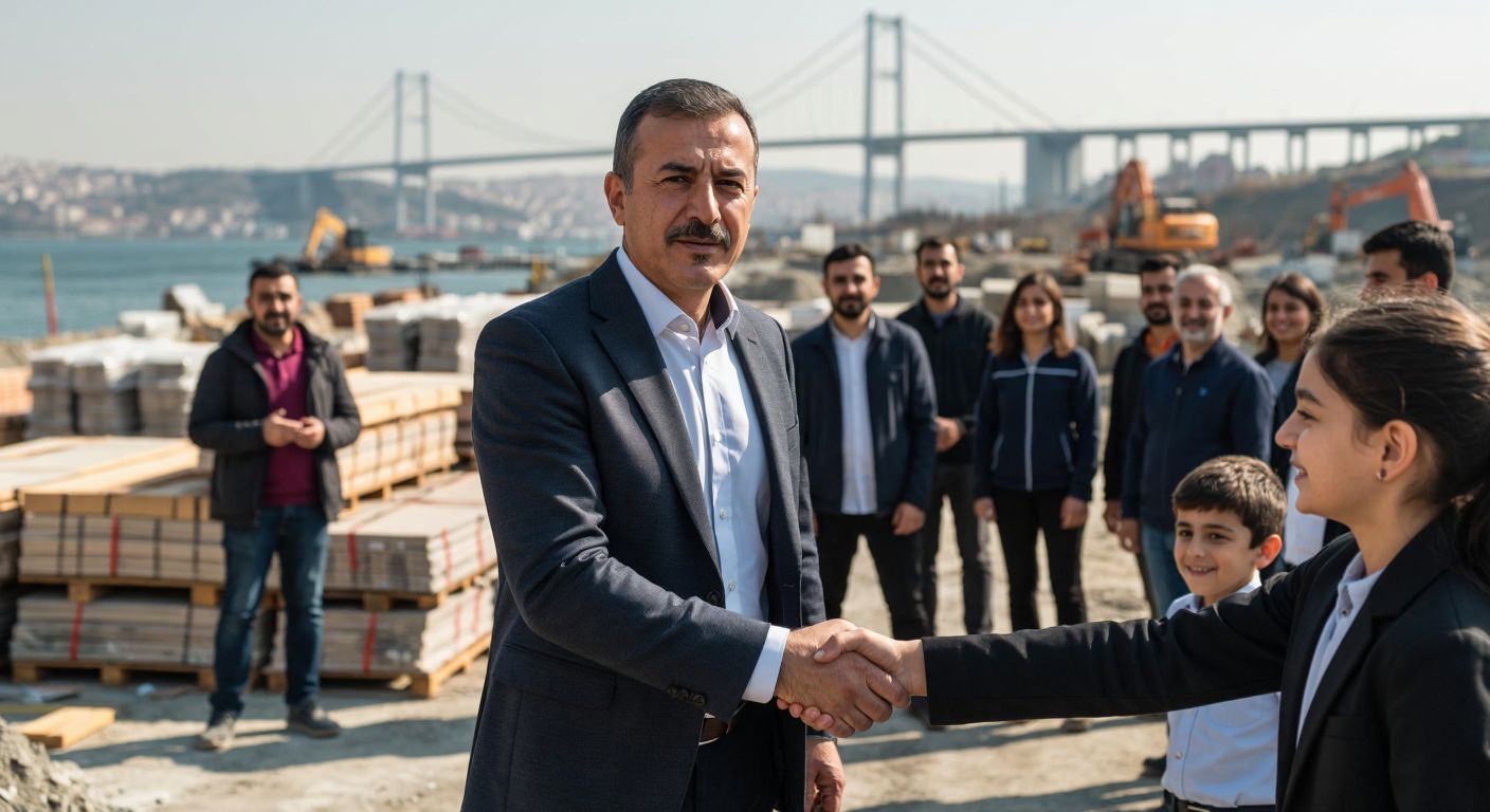 A determined middle-aged Turkish man in a sharp suit stands confidently in front of a bustling construction site in Kartal, with stacks of building materials and the silhouette of the Haliç Bridge in the background, while warmly shaking hands with a diverse group of professionals and smiling children nearby.